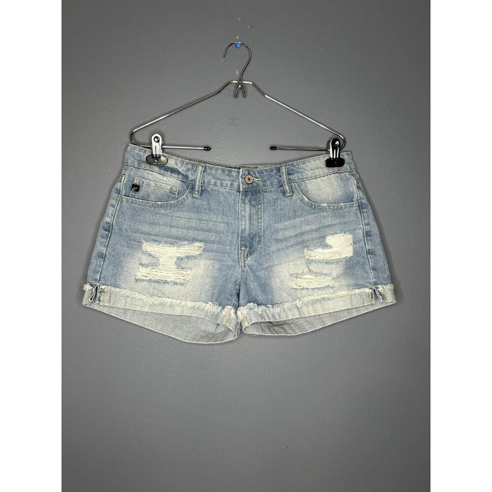 KanCan Shorts Womens Large Blue Distressed Denim Frayed Raw Hem Casual Summer